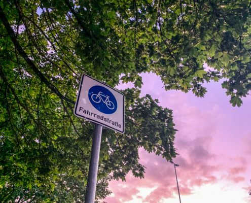 Ein Schild mit der Aufschrift "Fahrradstraße" zwischen grünen Baumkronen und Abendrot.